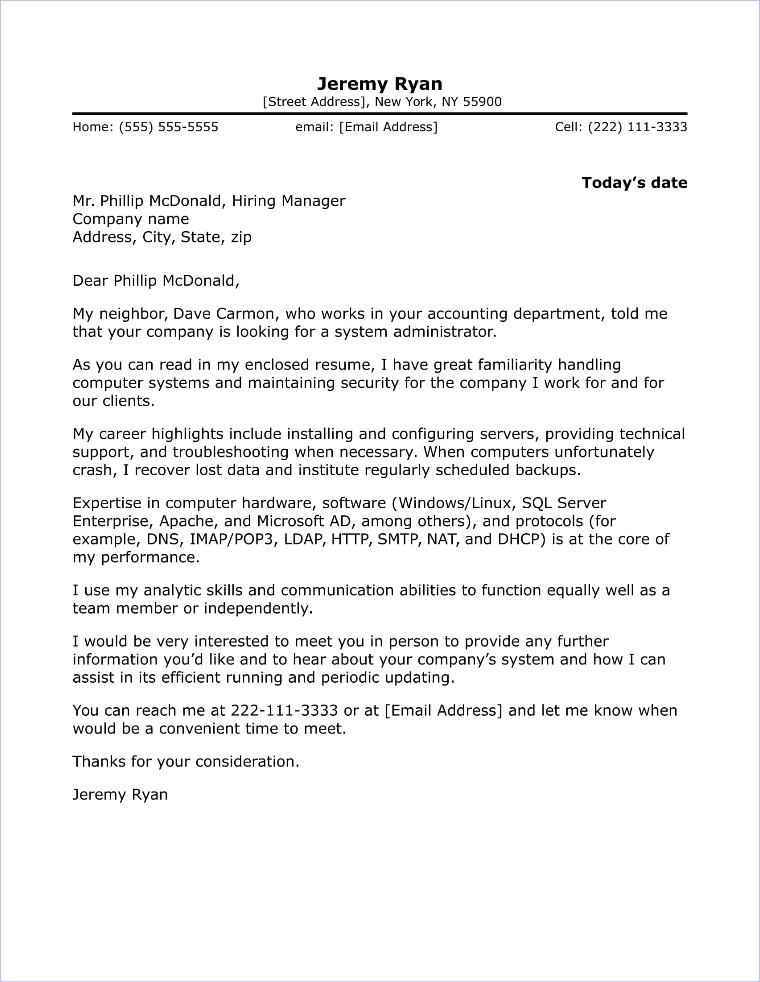 Covering letter for administrator job