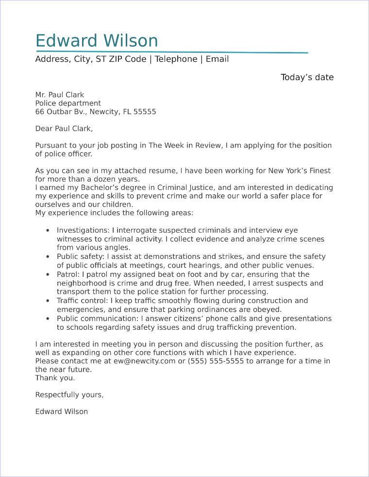 cover letter for job application police officer