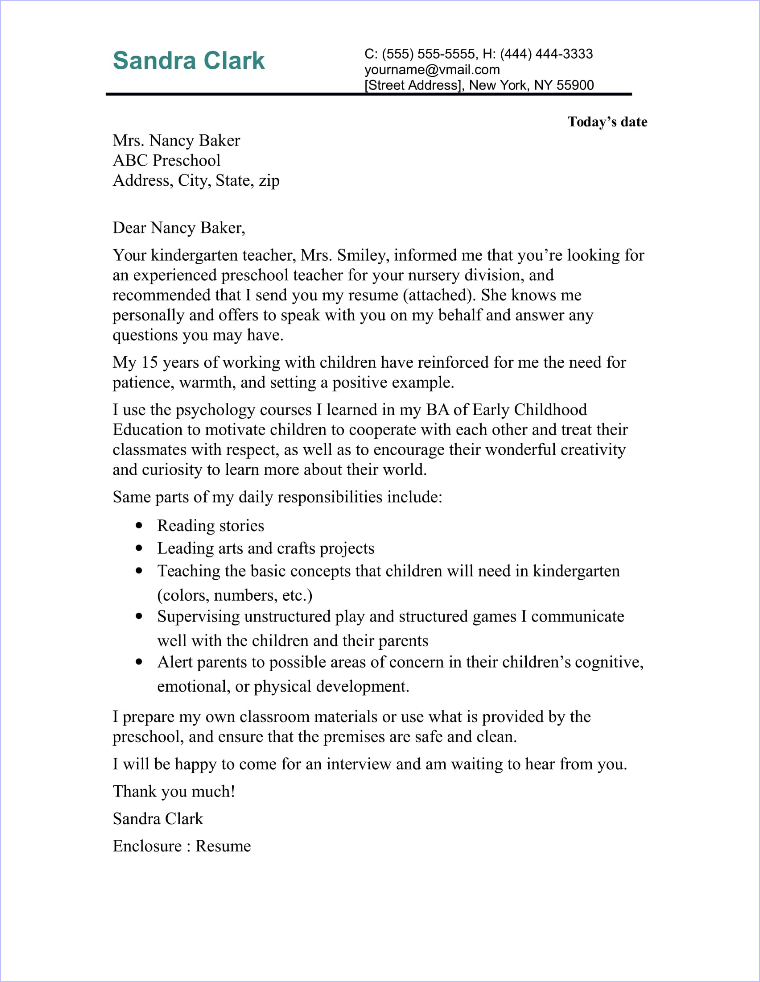 cover letter example for preschool teacher