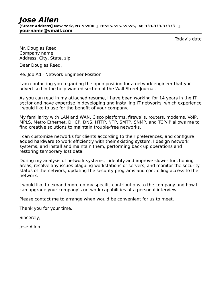 Network Engineer Cover Letter Sample