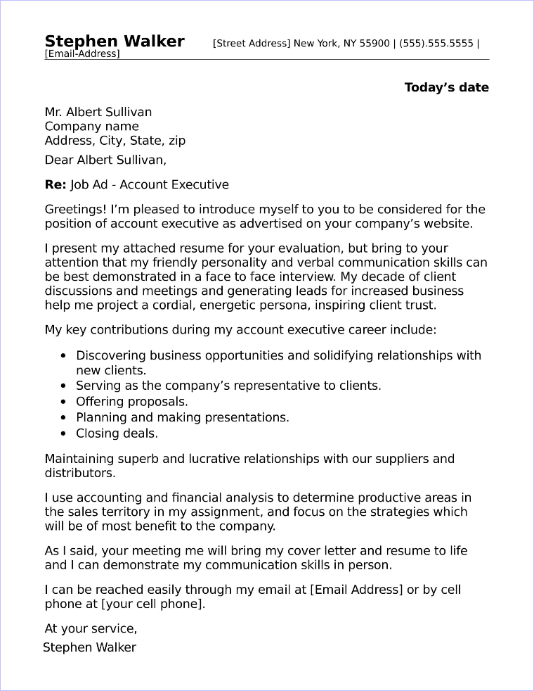 sample application letter for account executive position