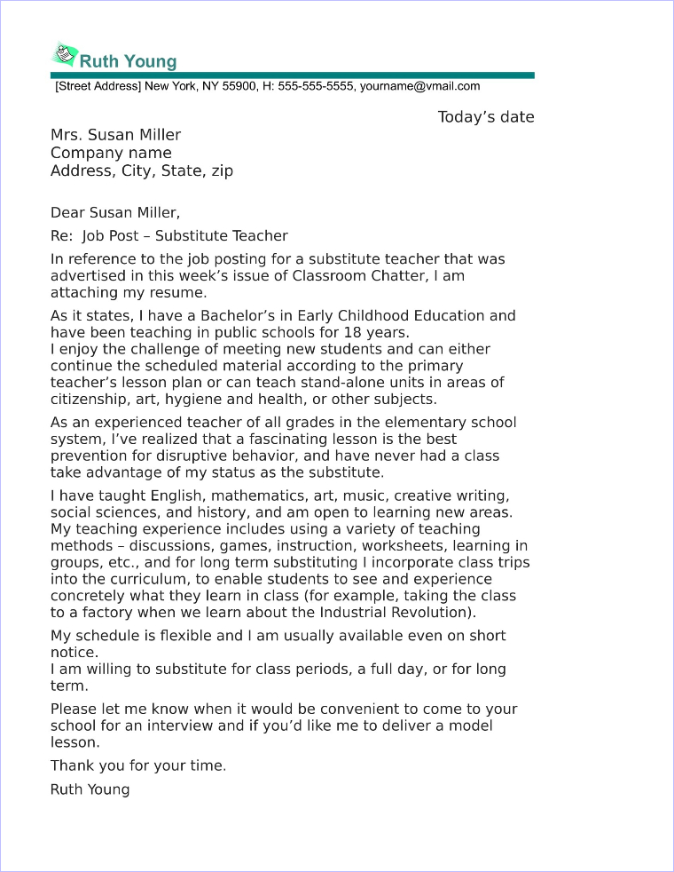Substitute Teacher Cover Letter Sample