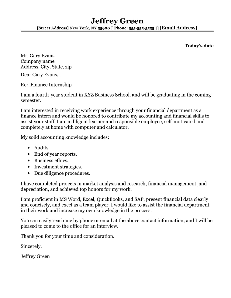 Finance Internship Cover Letter Sample