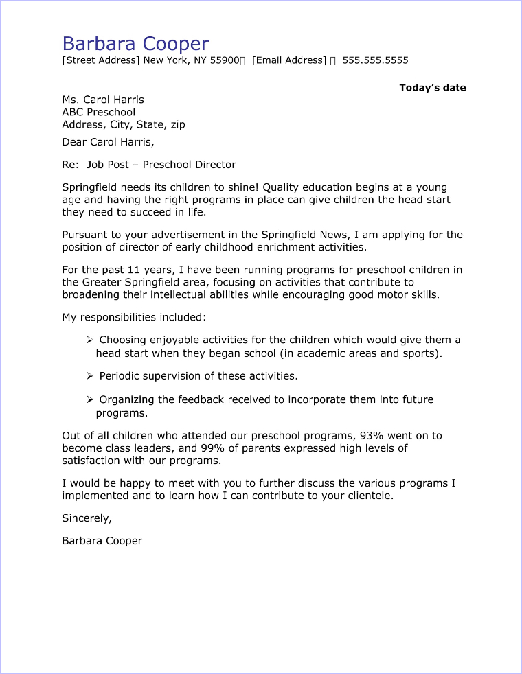 Preschool Director Cover Letter Sample