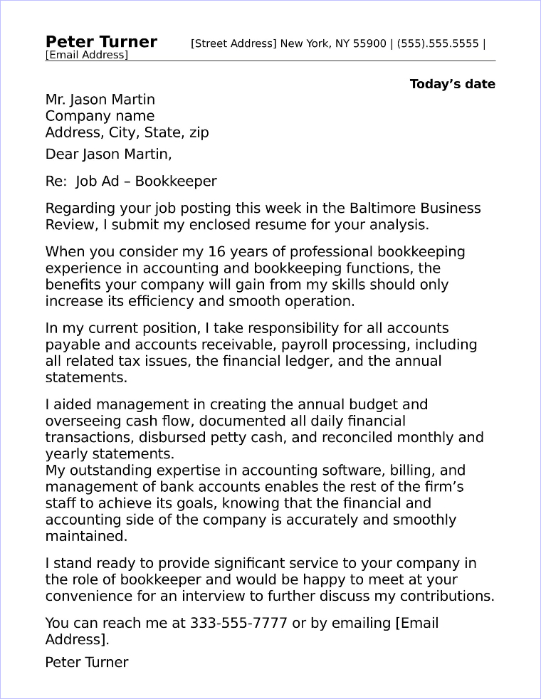 bookkeeping job cover letter sample