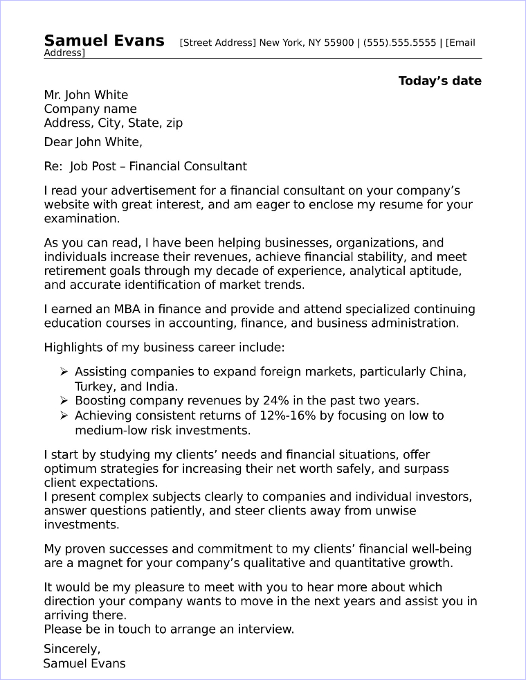 Financial Consultant Cover Letter Sample