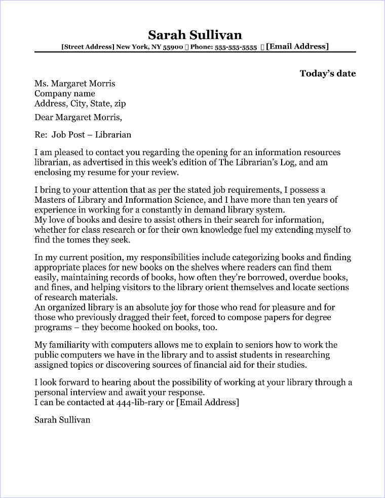 Librarian Cover Letter Sample