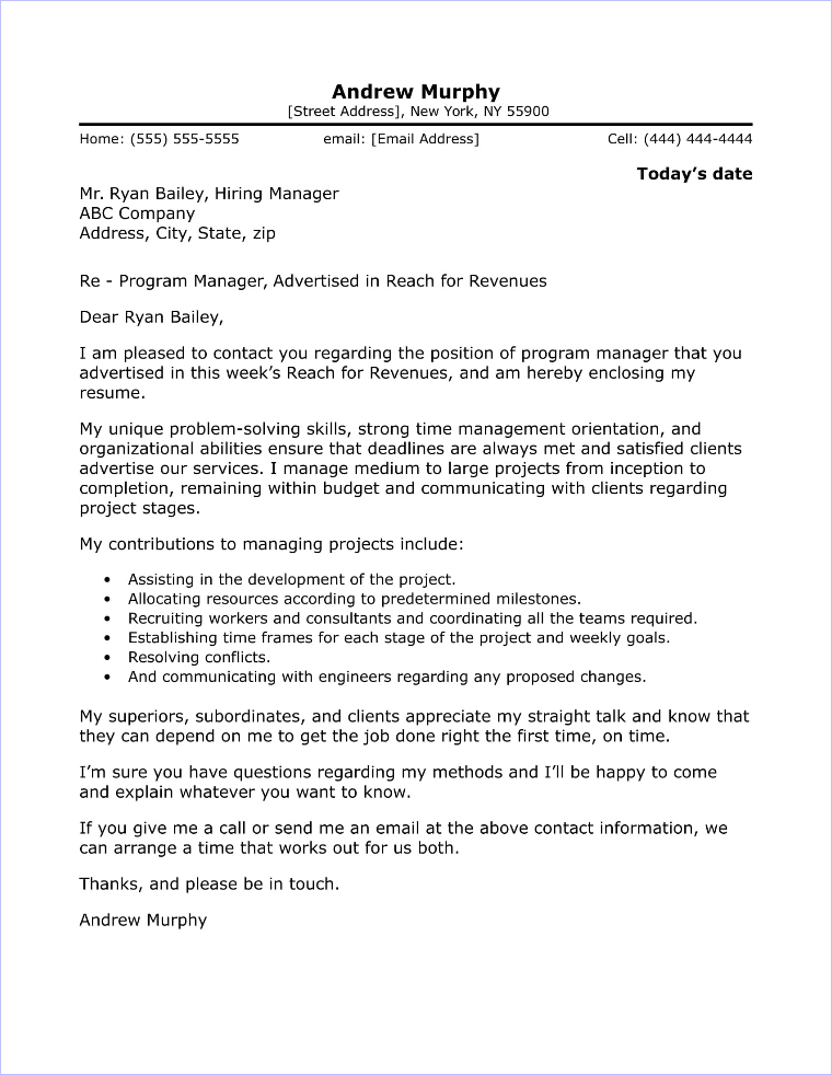 Program Manager Cover Letter Sample