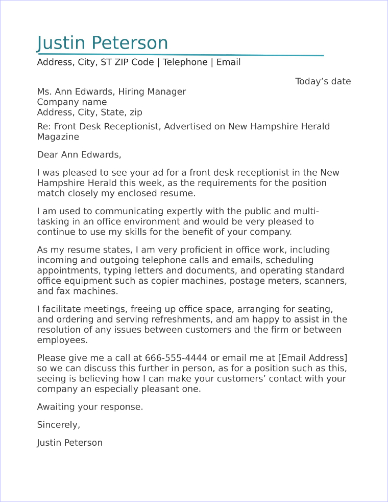 application letter for front desk manager sample