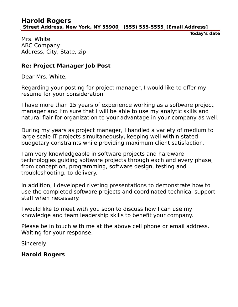 Project Manager Cover Letter Sample