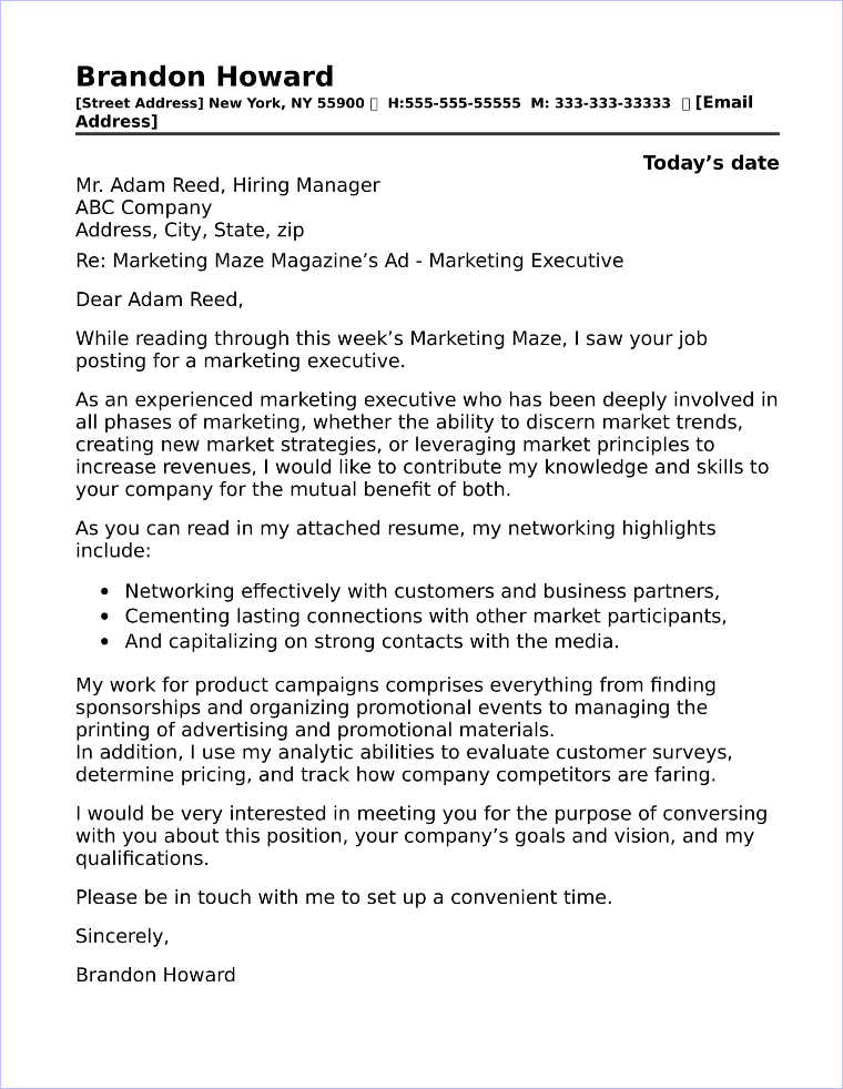 junior marketing executive cover letter