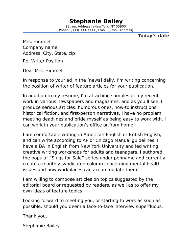 Writing cover letter sample