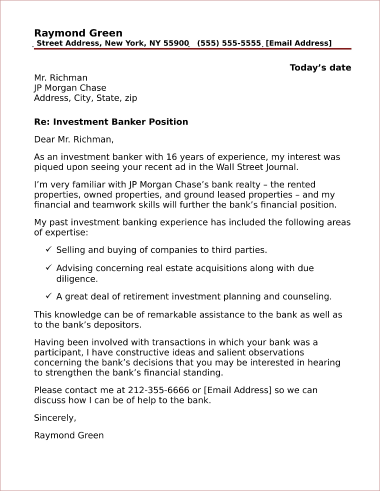 Investment Banking Cover Letter Sample