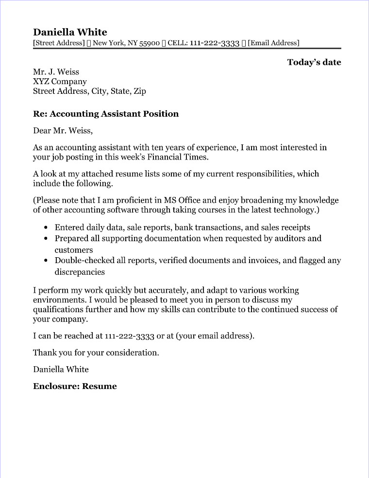 sample cover letter for accounting assistant with no experience