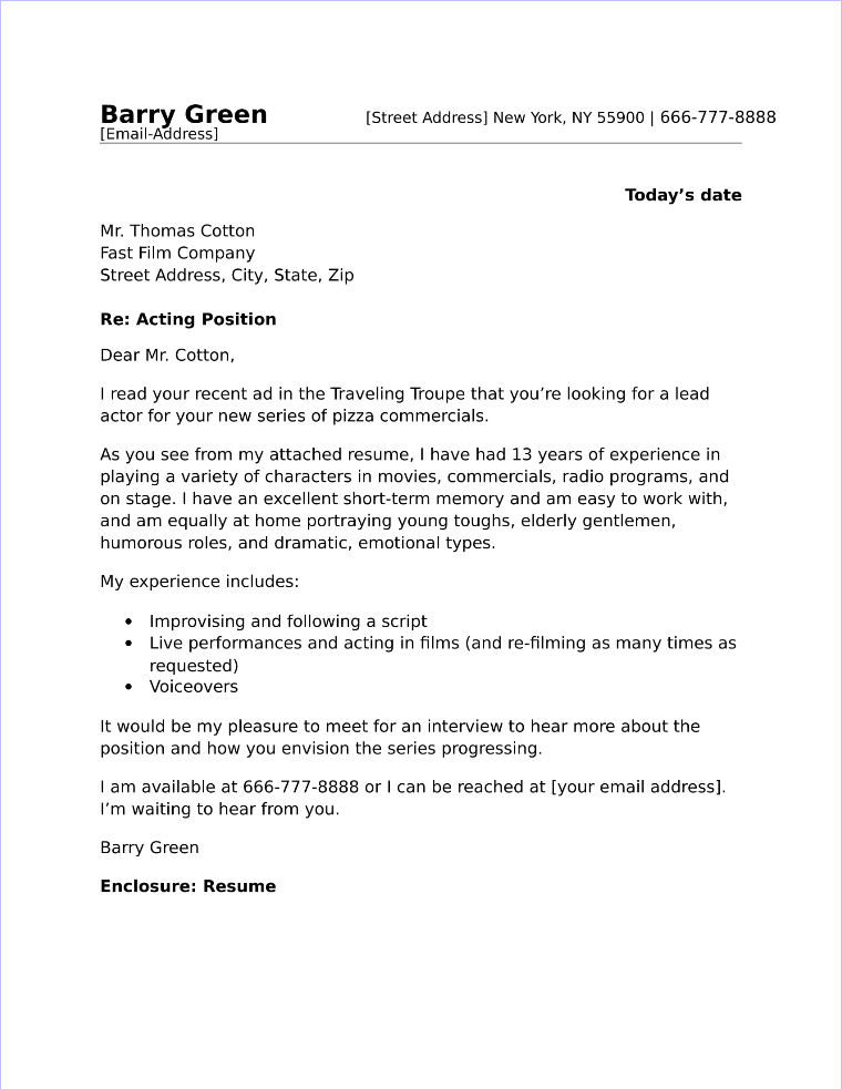 Actor Cover Letter Sample