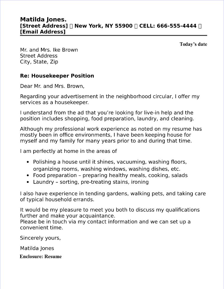 cover letter for a housekeeping job