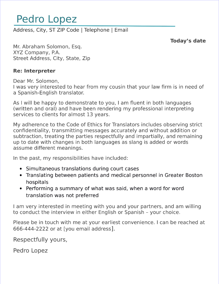 Interpreter Cover Letter