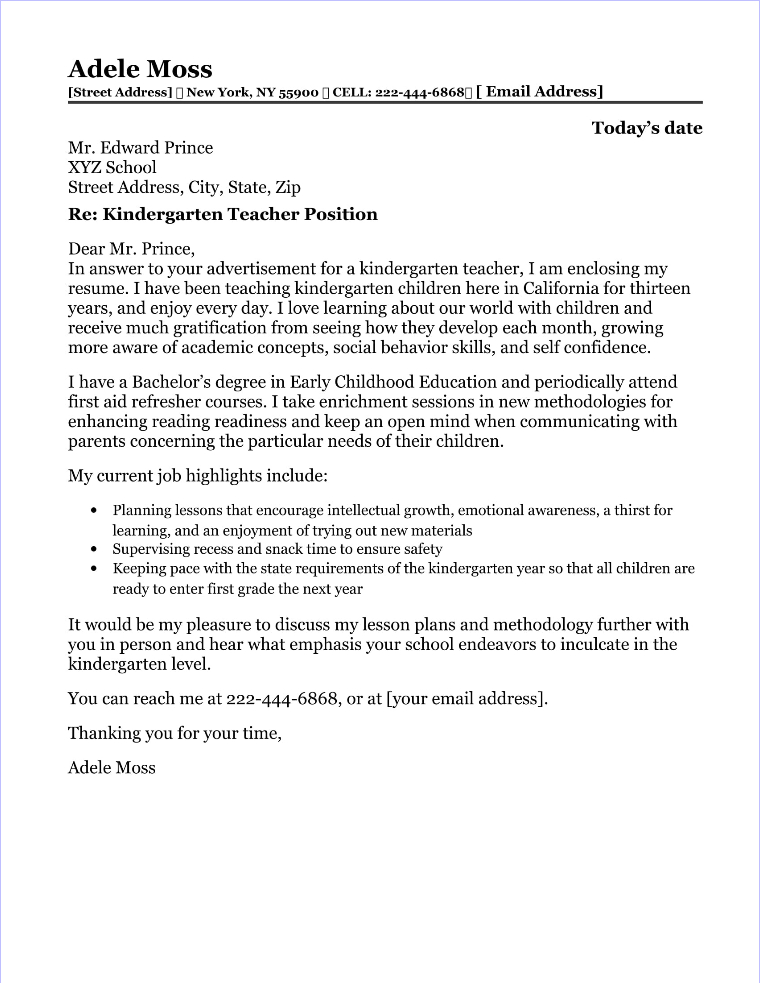 Kindergarten Teacher Cover Letter