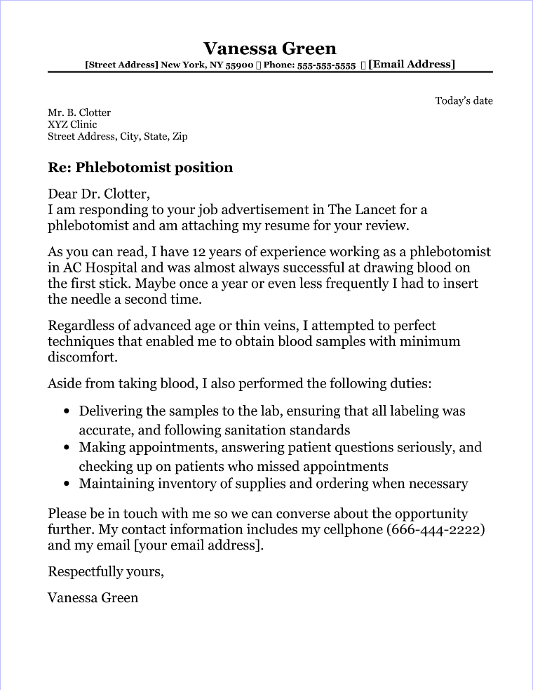 Phlebotomist Cover Letter