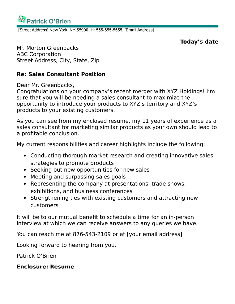 best cover letter for sales consultant