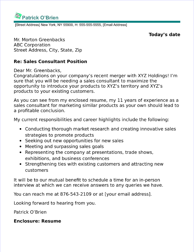 cover letter for sales consultant job