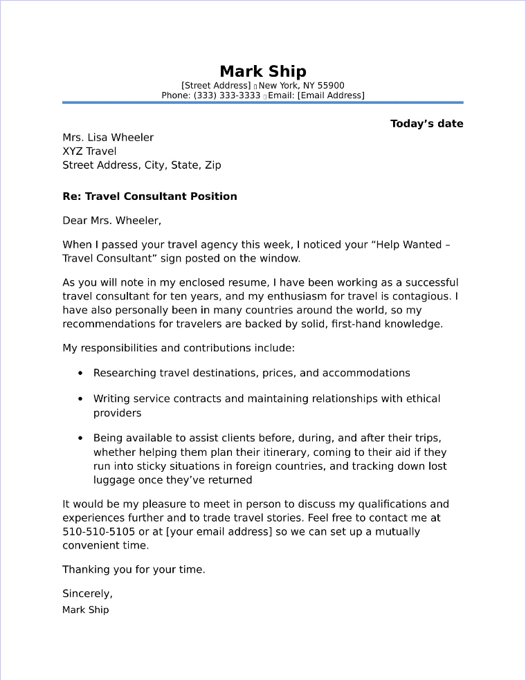 Travel Consultant Cover Letter