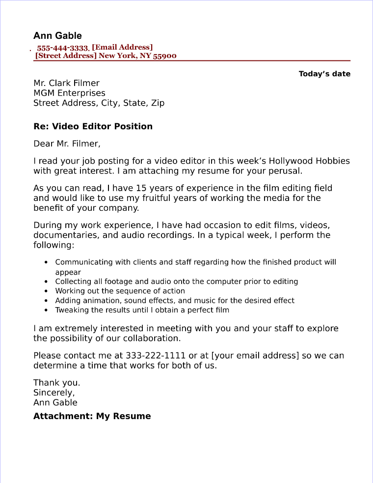 Video Editor Cover Letter