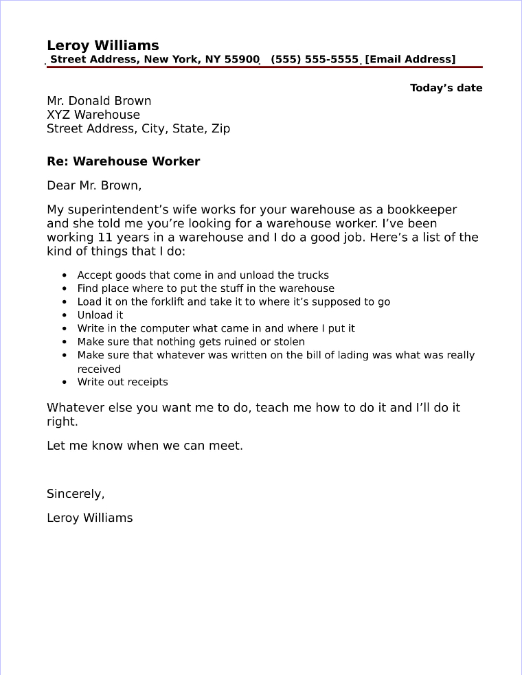 Warehouse Worker Cover Letter Sample