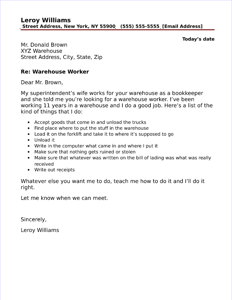 Warehouse Worker Cover Letter