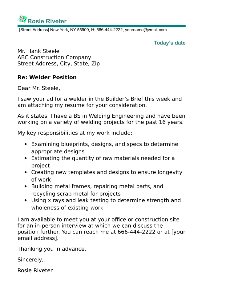 cover letter for welding job application