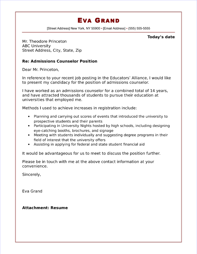 School Counselor Cover Letter Sample