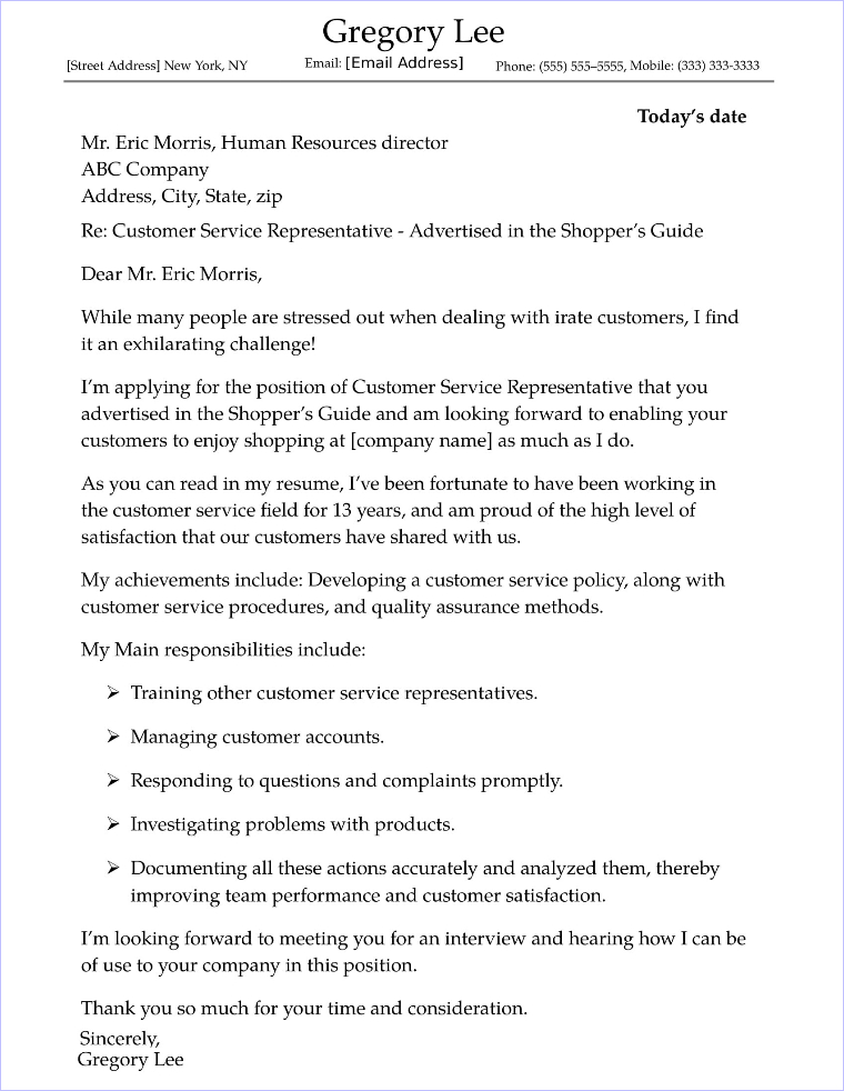 Customer Service Cover Letter Sample