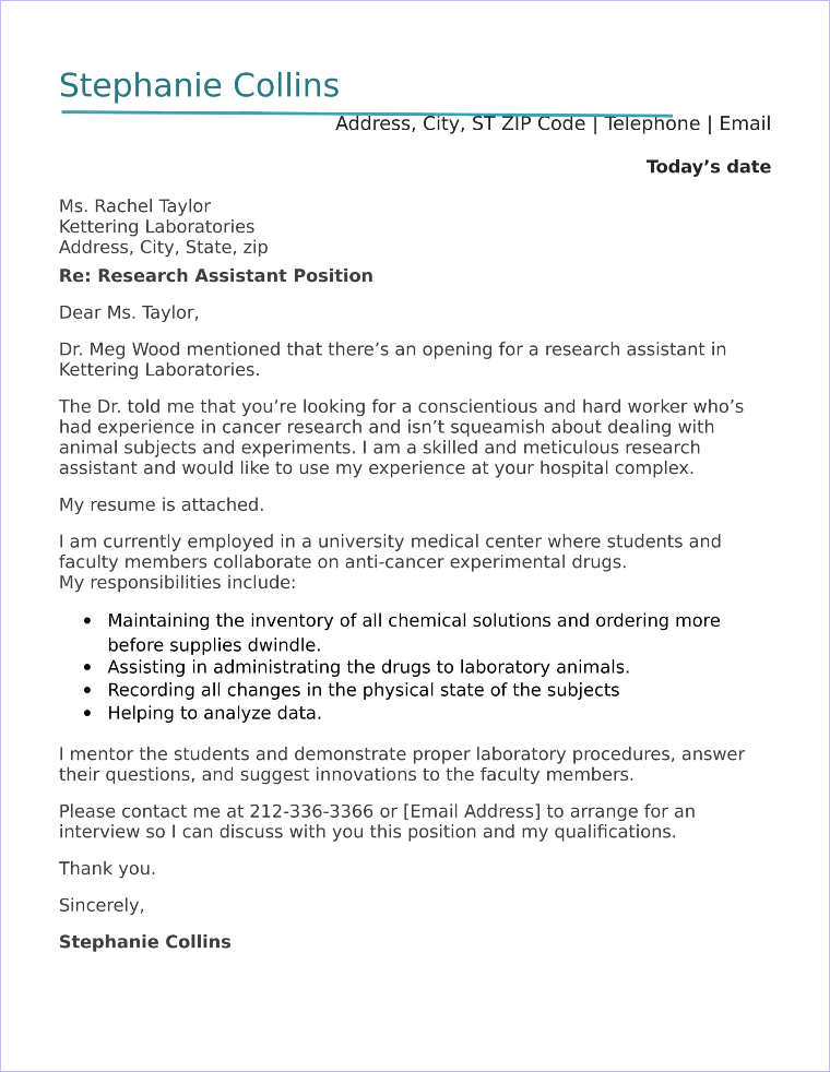 Research Assistant Cover Letter Sample