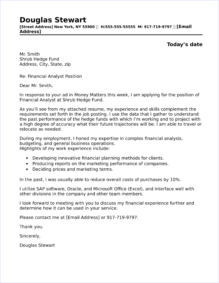 finance job cover letter template