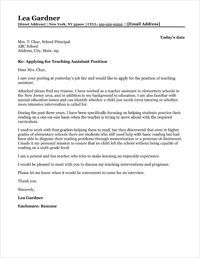 example cover letter for teacher assistant