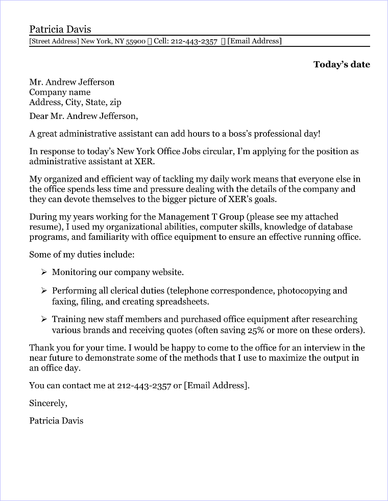 Administrative Assistant Cover Letter Sample