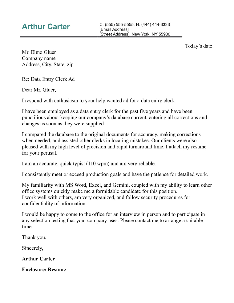 Data Entry Cover Letter Sample