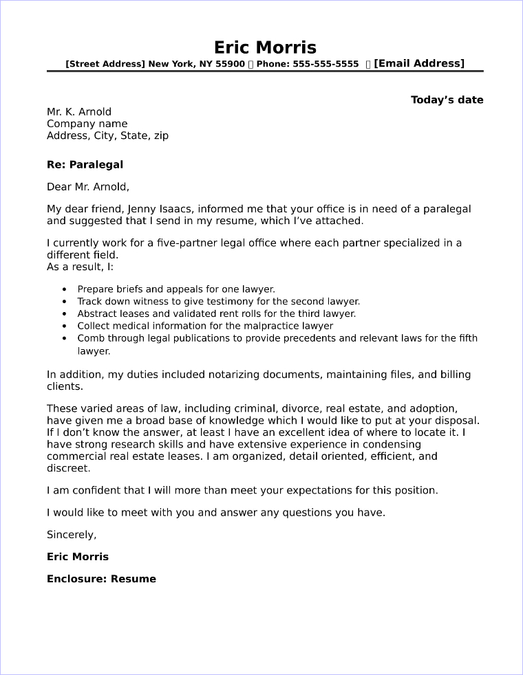 Paralegal Cover Letter Sample