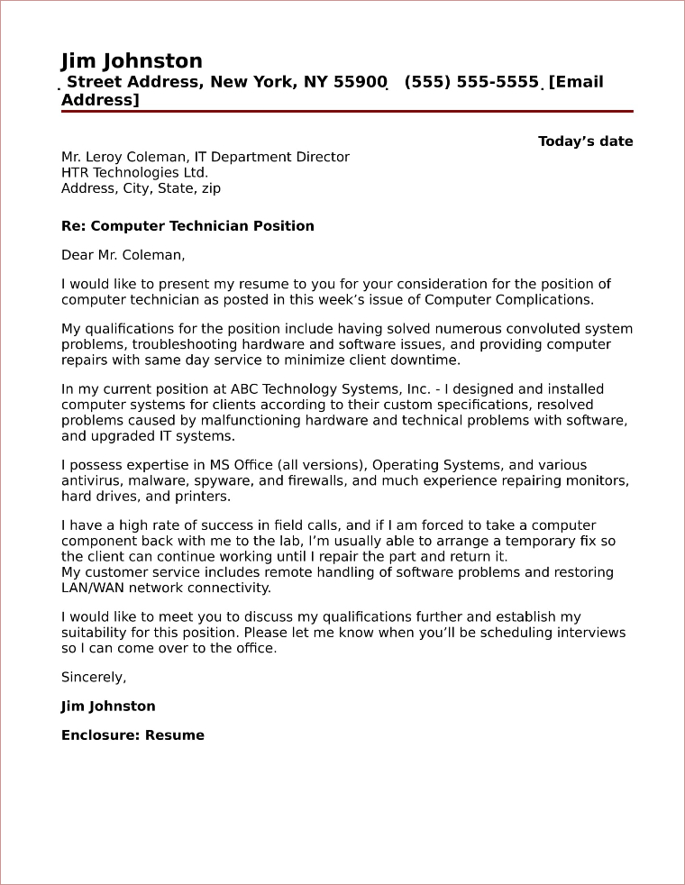 Computer Technician Cover Letter Sample