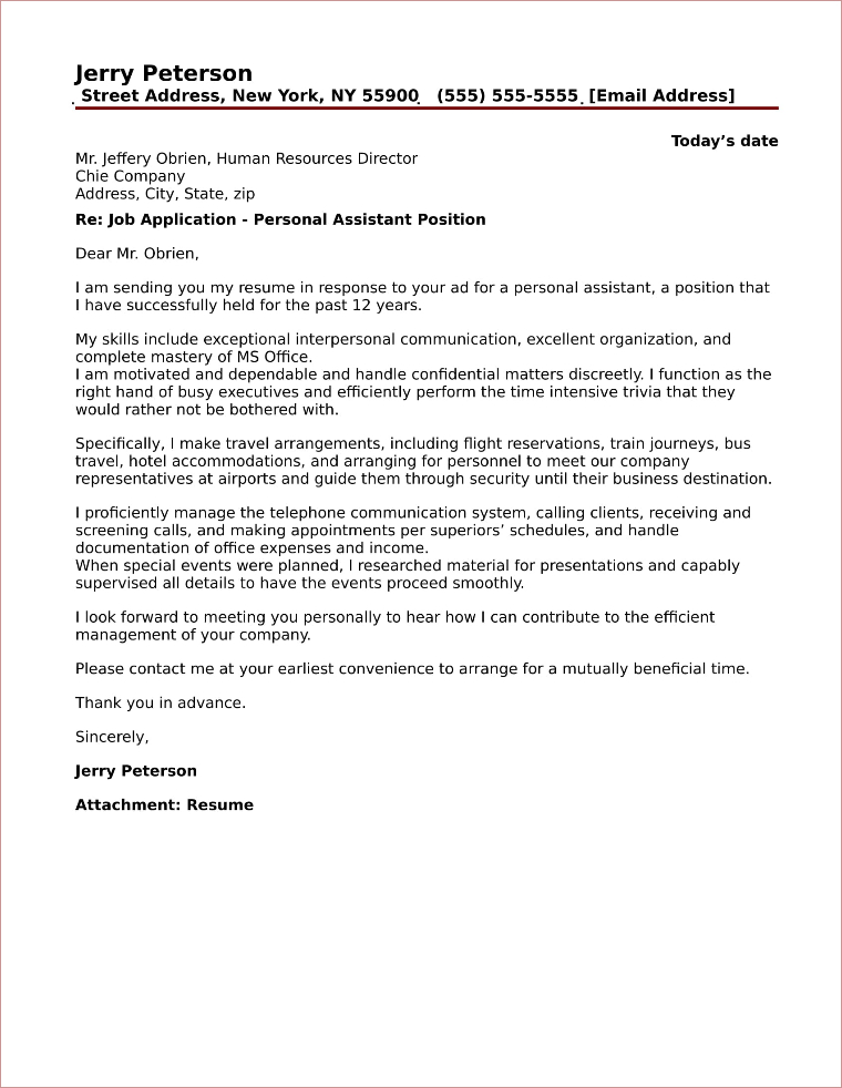 Personal Assistant Cover Letter Sample