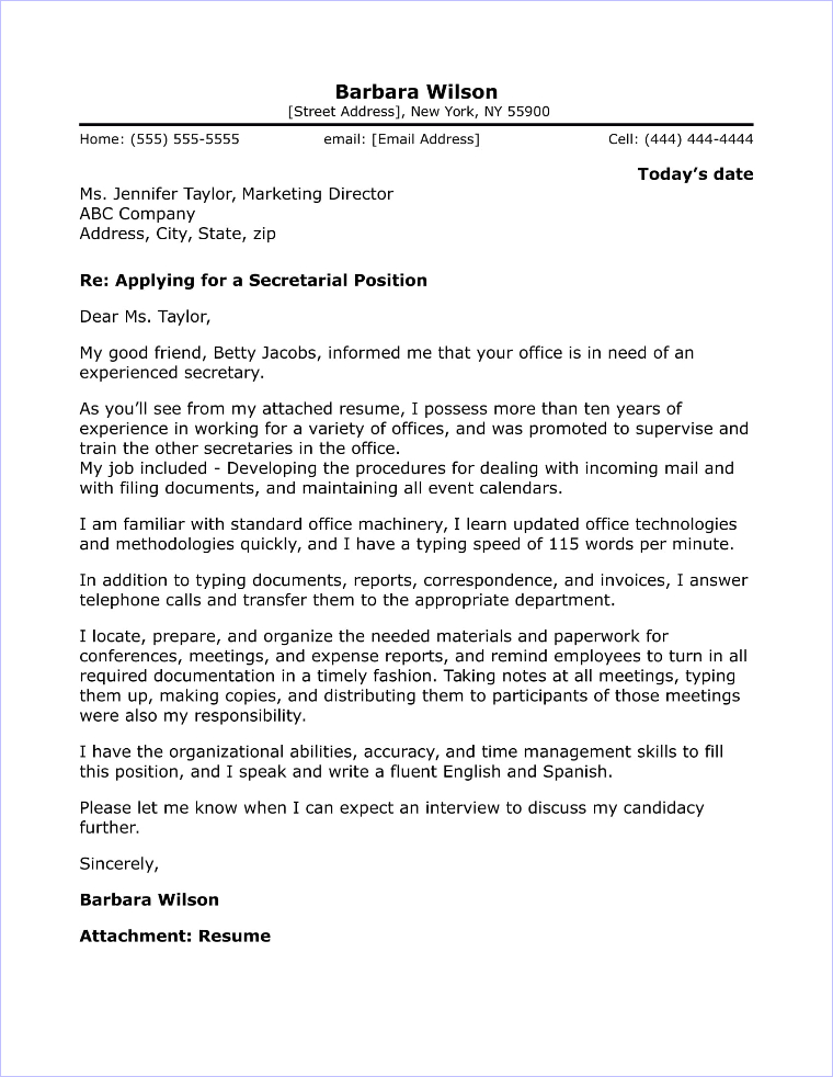 Secretary Cover Letter Sample