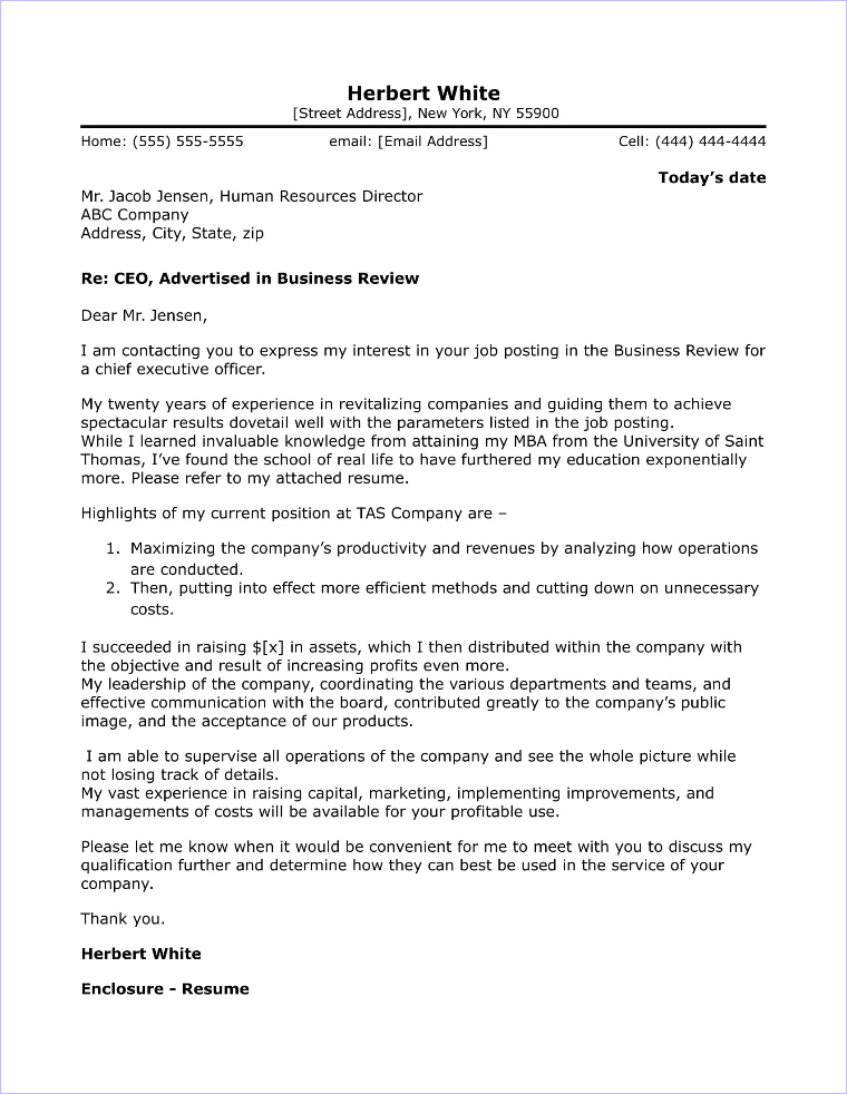 Sample Cover Letter For Ceo Position - Sample Cover Letter