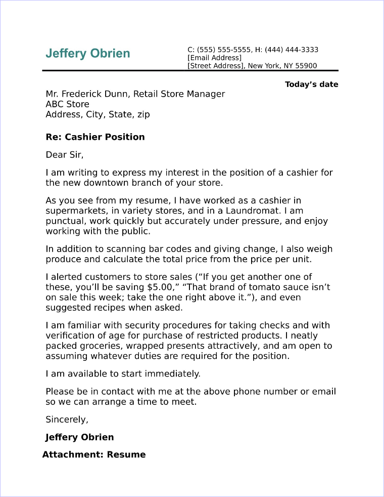 application letter cashier position