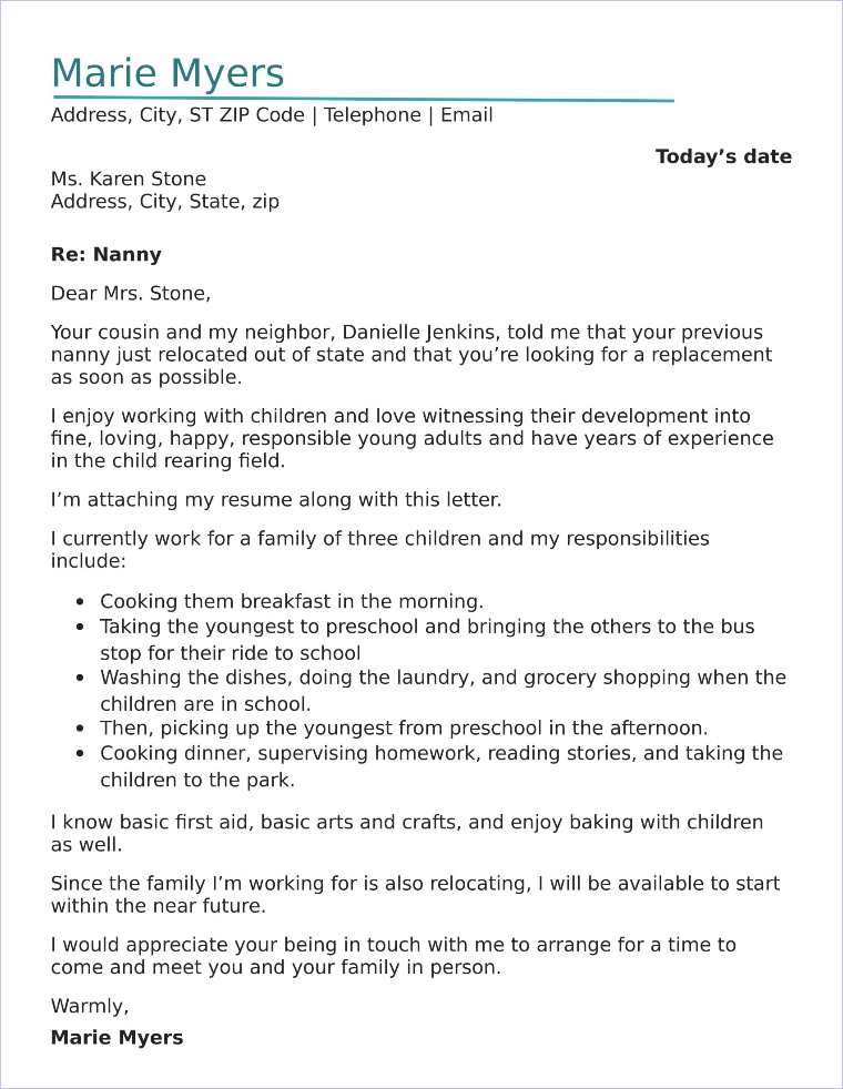 Nanny Cover Letter Sample