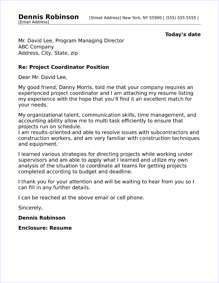 project coordinator cover letter entry level