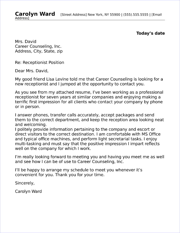 Receptionist Cover Letter Sample