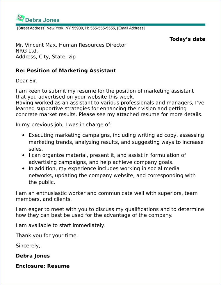 marketing assistant cover letter sample