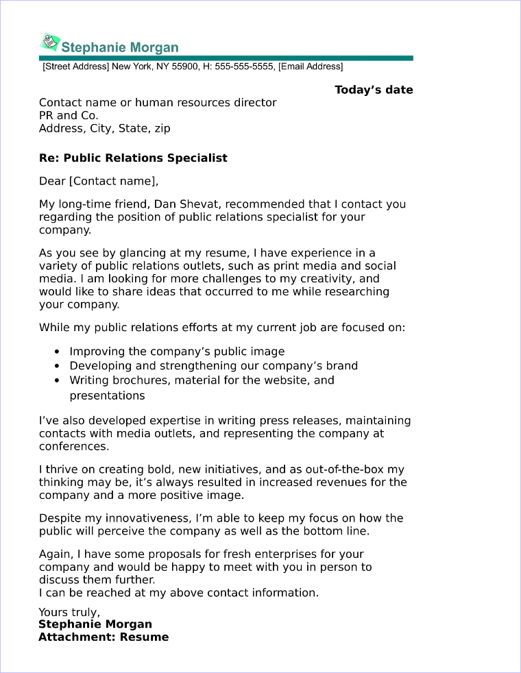 Public Relations Cover Letter Sample