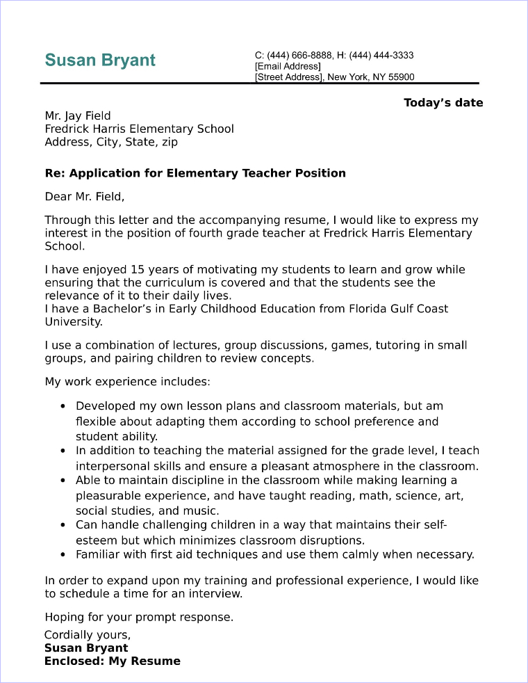 cover letter example for elementary teaching position