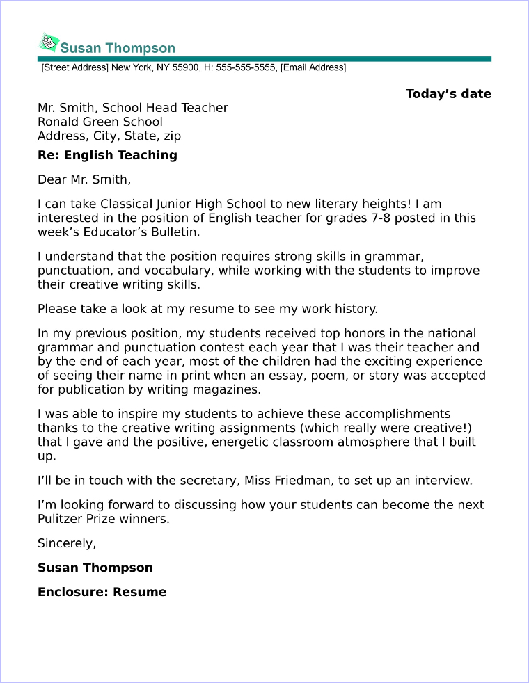 sample cover letter for job application for teacher